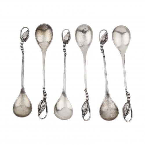 GEORG JENSEN (1866-1935). SET OF SIX SMALL SILVER SPOONS, 1915-1930.