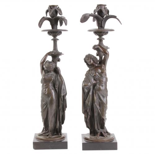 AFTER MODELS OF JEAN JACQUES PRADIER (1790-1852). PAIR OF NEOCLASSICAL CANDLESTICKS, THIRD QUARTER, C19th.