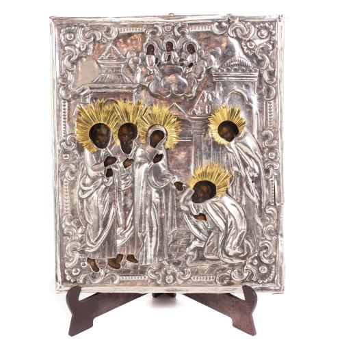 IMPERIAL RUSSIAN ICON, "APPARITION OF THE VIRGIN TO SERGEI RADONEZH ". MID C20th.