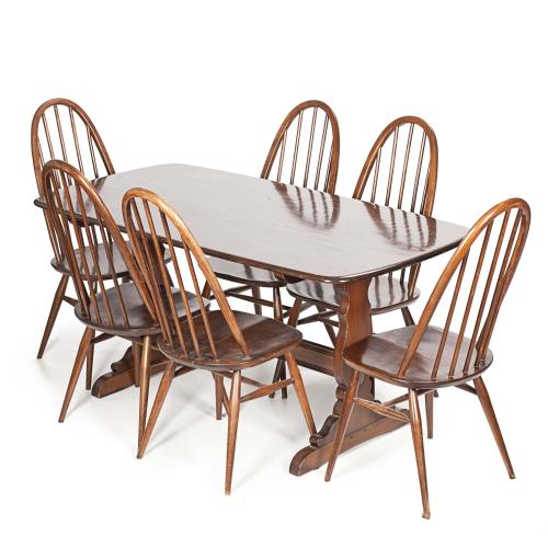 LUCIAN RANDOLPH ERCOLANI (1888 – 1976) PARA ERCOL. JUEGO DE MESA DE COMEDOR Y SEIS SILLAS QUAKER, CIRCA 1955-1960.