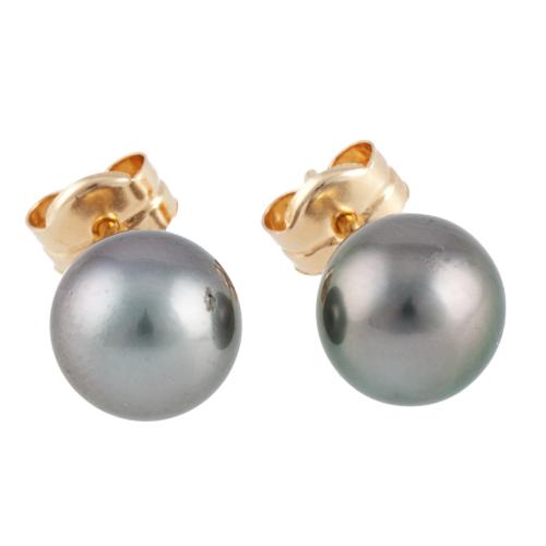 YELLOW GOLD AND TAHITIAN PEARL EARRNGS.