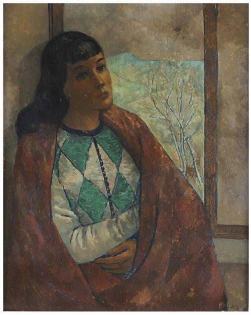 PERE PRUNA OCERANS (1904-1977). "JOVEN VESTIDA DE ARLEQUÍN ANTE UNA VENTANA". 