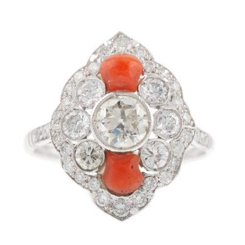 DIAMONDS AND CORAL RING.