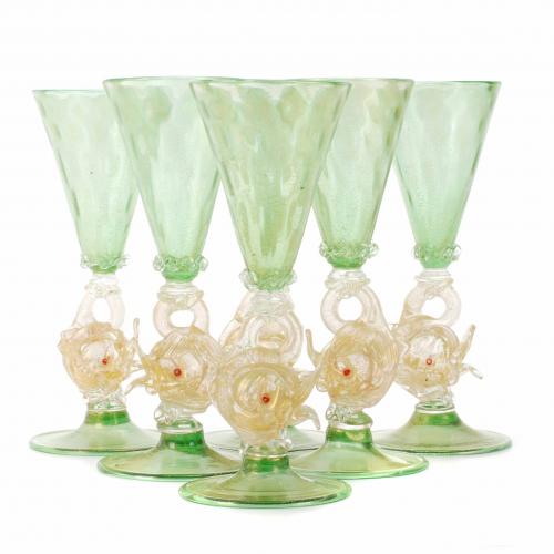 SET OF SIX VENETIAN GLASSES, 20TH CENTURY.