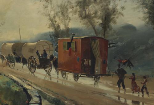 RAFAEL FERNÁNDEZ DE SOTO (1915-1984). "WAGONS IN A LANDSCAP