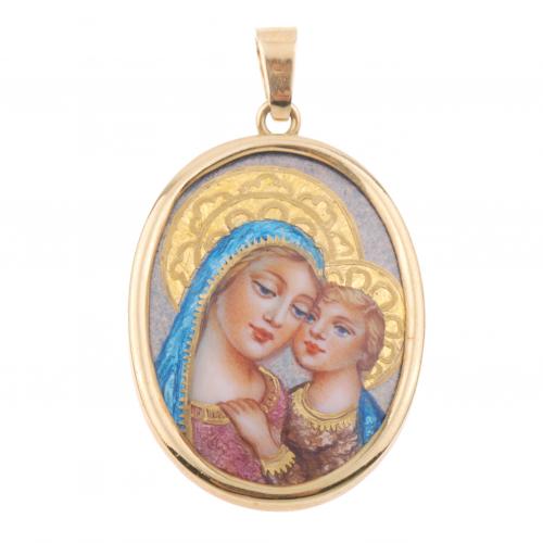 GOLD AND ENAMEL RELIGIOUS MEDAL PENDANT.