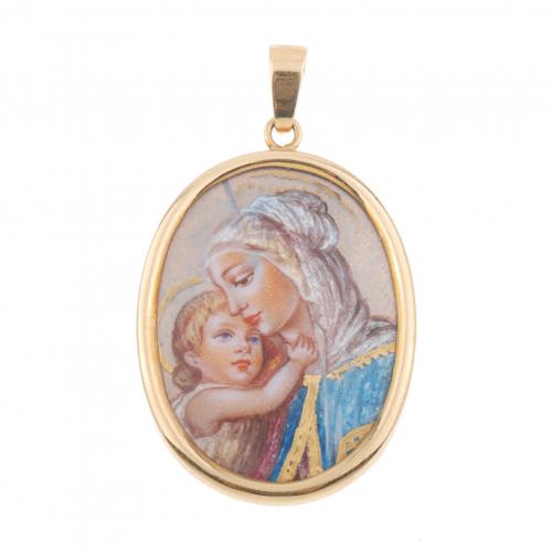 GOLD AND ENAMEL RELIGIOUS MEDAL PENDANT.