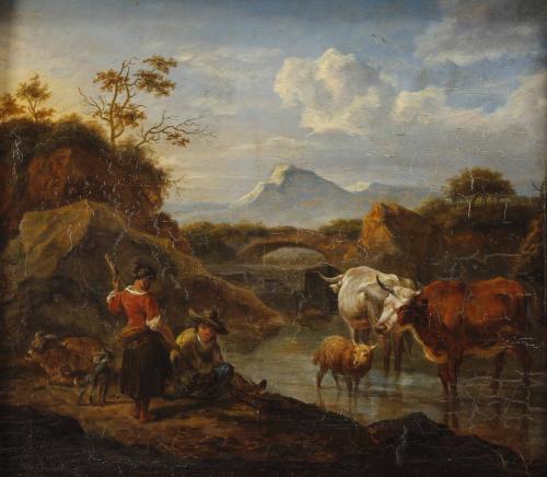 HENDRICK MOMMERS (1623-1693). "LANDSCAPE WITH SHEPHERDS AND COWS".