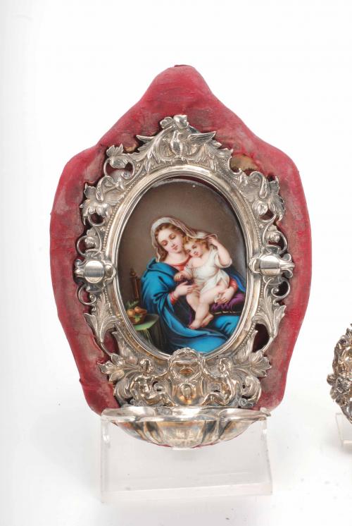 TWO STOUPS WITH REPRESENTATIONS OF MADONNA AND CHILD, 18TH 