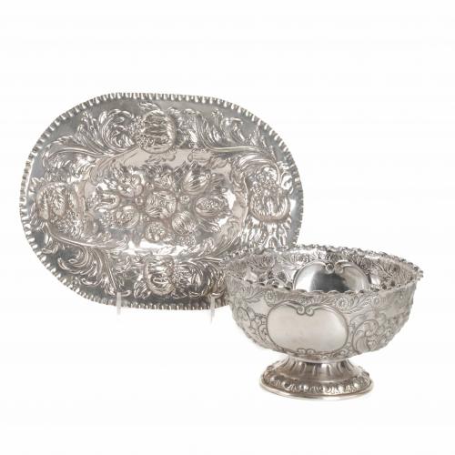 ENGLISH FRUIT BOWL AND SILVER TRAY, PROBABLY SOUTH AMERICAN, 19TH CENTURY. 