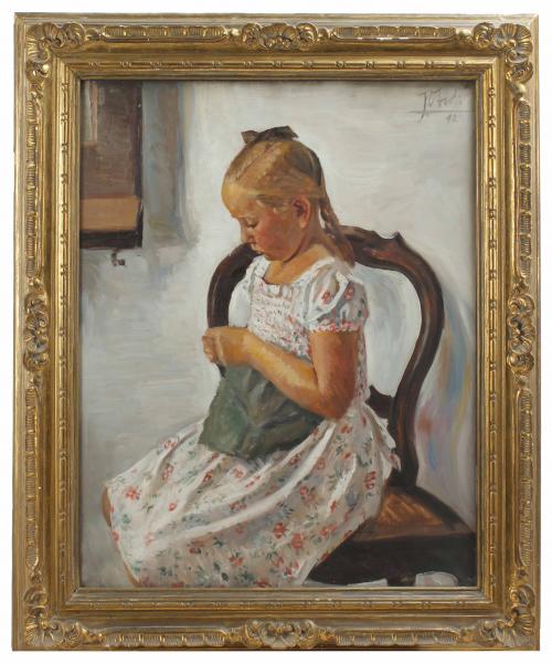 JOSEP OBIOLS PALAU (1894-1967). "NIÑA COSIENDO", 1942.  