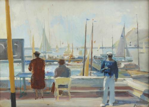 JOSEP MARIA PRIM GUYTO (1907-1973). "PUERTO DE BARCELONA CON MONTJUÏC AL FONDO".