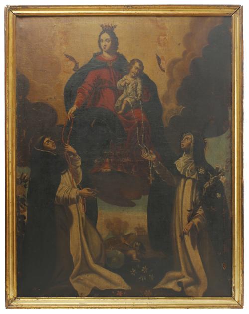 ESCUELA DEL SUR DE FLANDES O FRANCESA, PRIMERA MITAD SIGLO XVII. "LA APARICIÓN DE LA VIRGEN DEL ROSARIO A SANTO DOMINGO DE GUZMÁN Y SANTA ROSA DE LIMA".