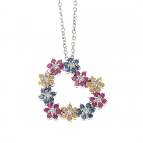 COLOURFUL HEART WITH CORUNDUMS PENDANT WITH CHAIN.