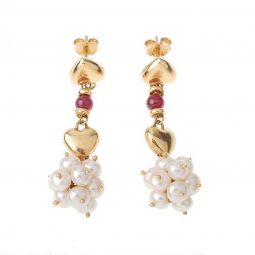 GOLD, PEARLS AND RUBY LONG EARRINGS.