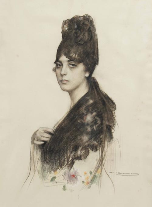 RAMÓN CASAS Y CARBO (1866-1932). "GIRL WITH A PEINETA COMB AND A MANTILLA", C. 1915.