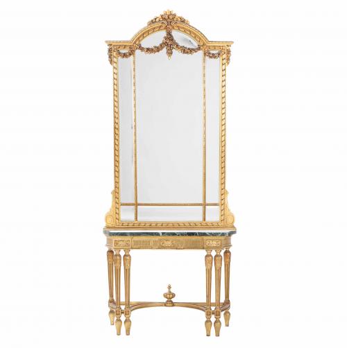 LOUIS XVI STYLE CONSOLE WITH MIRROR, FIRST HALF 20TH CENTURY.