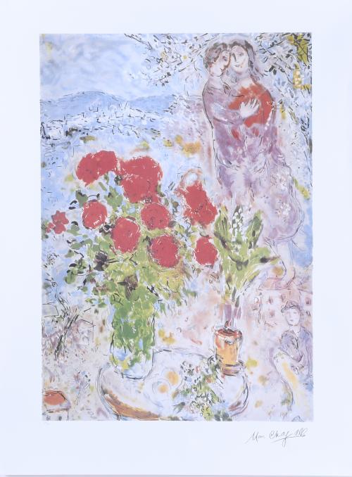 A PARTIR DE MARC CHAGALL (1887-1985). "RAMO DE FLORES ROJAS CON AMANTES".