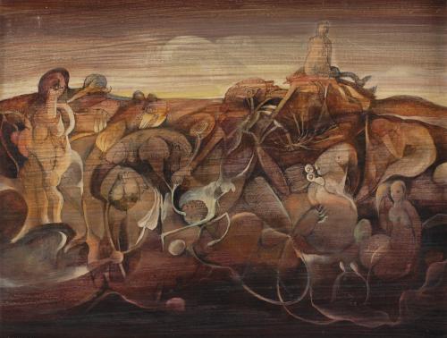 A. CAZOTTES (20TH CENTURY). . "FANTASTIC LANDSCAPE WITH CREATURES", 1980.