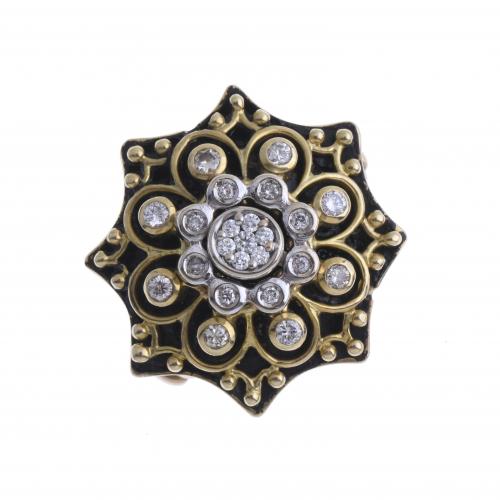 FLORAL RING WITH DIAMONDS AND BLACK ENAMEL.