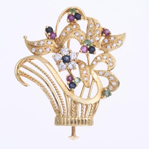 YELLOW GOLD AND GEMSTONES FLORAL BROOCH.