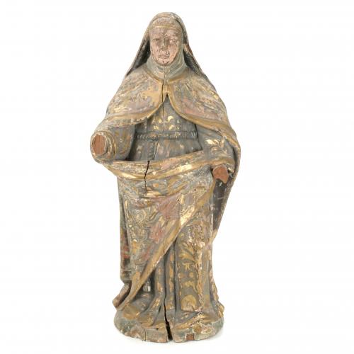 18TH CENTURY SPANISH SCHOOL FIGURE OF A HOLY WOMAN, PROBABLY SAINT THERESA OF JESUS. 