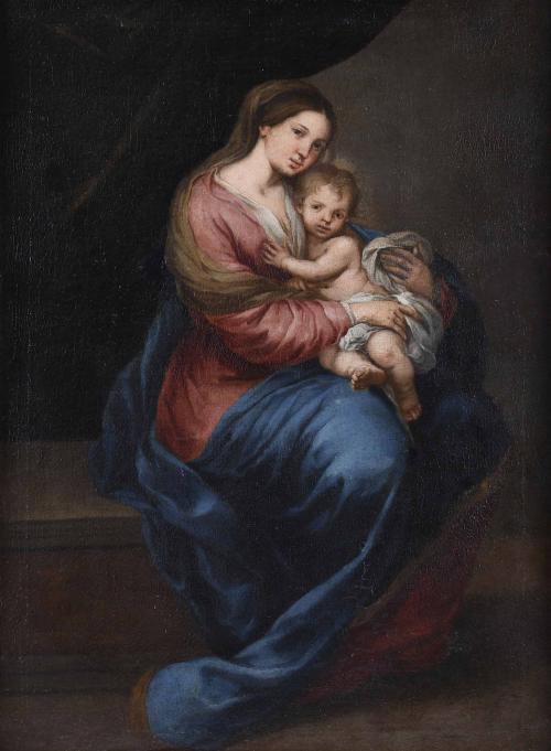 SPANISH SCHOOL, LATE 17TH/EARLY18TH CENTURY. FOLLOWER OF BARTOLOMÉ ESTEBAN MURILLO  "MADONNA AND CHILD". 