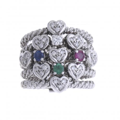 WHITE GOLD RING WITH DIAMONDS AND GEMSTONES.