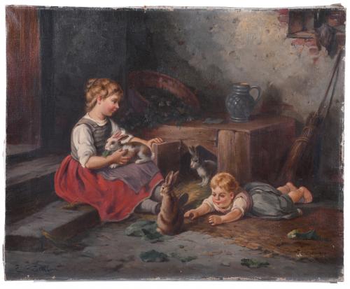 E. CHATILLON (?) (19TH CENTURY).  "COMRADES AT PLAY (CAMARADES AU JEU)".