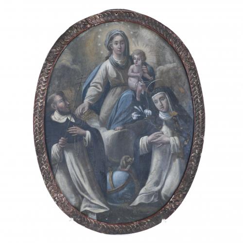 SPANISH SCHOOL, LATE 16TH CENTURY-EARLY 17TH CENTURY. "THE APPARITION OF MADONNA OF THE ROSARY TO SAINT DOMINIC OF GUZMAN AND SAINT ROSE OF LIME".