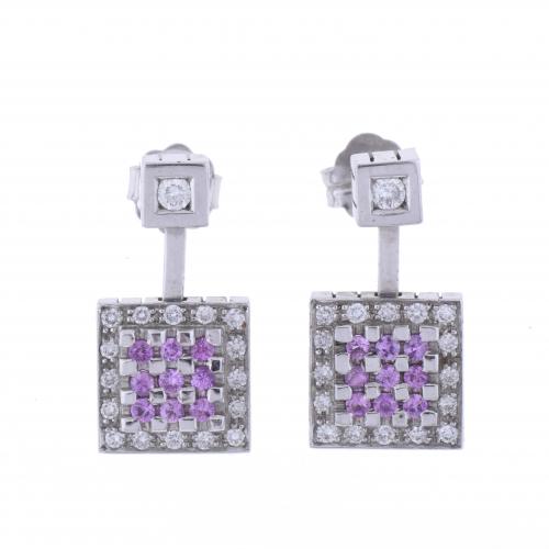 SQUARE EARRINGS IN GOLD AND ROSE SAPPHIRES.