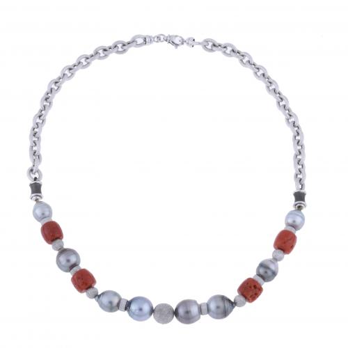 TAHITI PEARLS AND CORAL NECKLACE.