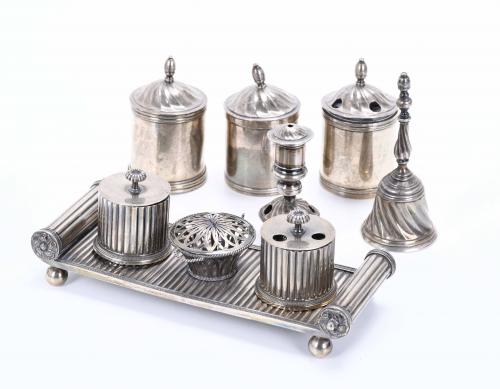 INKSTAND, SET OF THREE INKWELLS AND A TRAY, PROBABLY 19TH CENTURY.