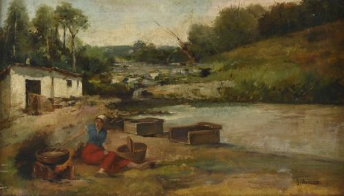 CATALAN SCHOOL, SECOND HALF 19TH CENTURY. FOLLOWER OF JOSEP ARMET I PORTANELL (1843-1911) "GIRL BY A RIVER".