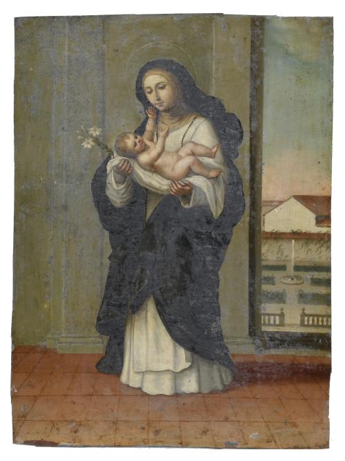 19TH CENTURY, SPANISH SCHOOL. "SAINT CLARE OF ASSISI WITH BABY JESUS", 1818 (?).