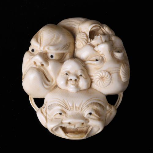 JAPANESE SCHOOL. MEIJI PERIOD, 19TH CENTURY. "SEVERAL NOH THEATRE MASKS ON THE OBVERSE AND AN ELEPHANT ON THE REVERSE".