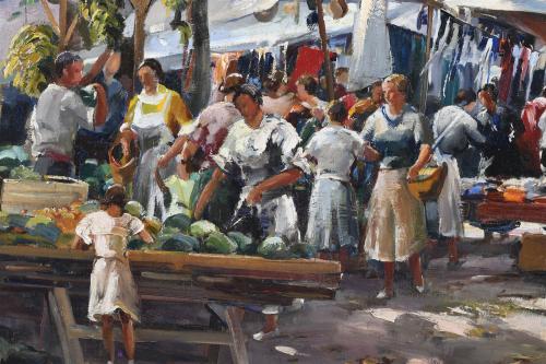 VICENÇ SOLÉ JORBA (1904-1949). "MERCADO DE PUEBLO", 1940.