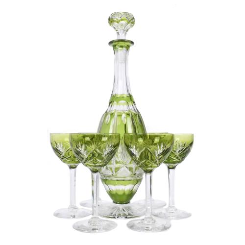 SET OF SIX FRENCH "SAINT LOUIS" GLASSES AND DECANTER BOTTLE, 20TH CENTURY. 