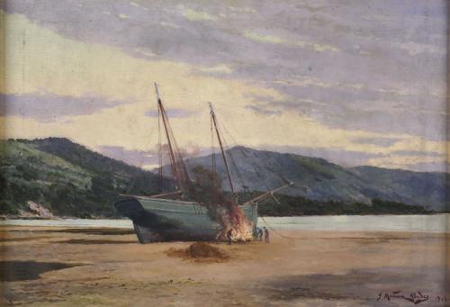 JUAN MARTÍNEZ ABADES (1862-1920). "BARCO ARDIENDO", 1915.