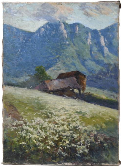 JOSEP GELABERT I RINCÓN, "MOSSÈN GELABERT" (1859 -1936). "PAISATGE SUÍS (MON (?) DEL VORA TOSCA D'OLOT)", 1924.