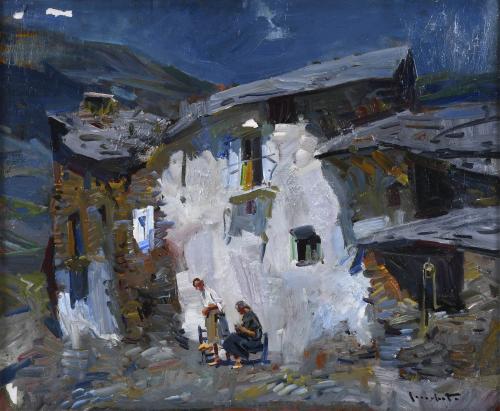 JOSEP SERRASANTA (1916-1998). "PAISAJE RURAL CON FIGURAS".