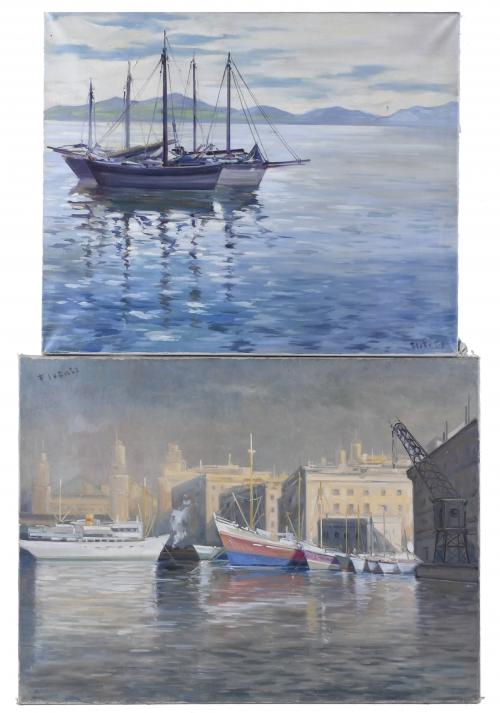 LUIS FLOTATS CANAL (1915/17-1987). PAIR OF PAINTINGS: "SEASCAPE" and "PORT".