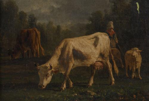 ANTONIO CORTÉS Y AGUILAR (1827-1908). "PAISAJE CON VACAS".