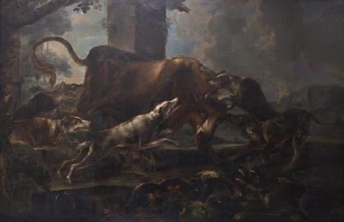 19TH CENTURY SPANISH SCHOOL "BULL SURRENDERED BY DOGS".