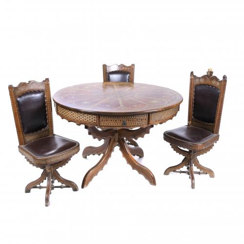 SET OF BARCELONA TABLE AND FOUR CHAIRS, PROBABLY DATING FROM 1888.