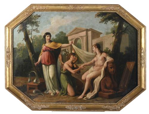 SPANISH SCHOOL, LATE 18TH-EARLY 19TH CENTURY Allegorical scene, probably "TRUTH UNVEILING ITS KNOWLEDGE TO TRADE AND SCIENCE".