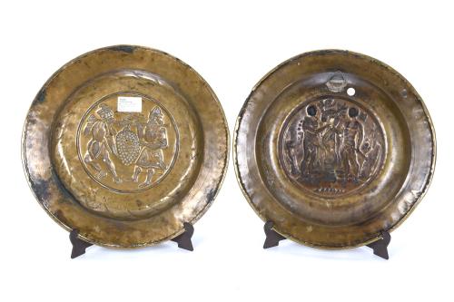 TWO GERMAN ALMS DISHES, 15TH-17TH CENTURIES.