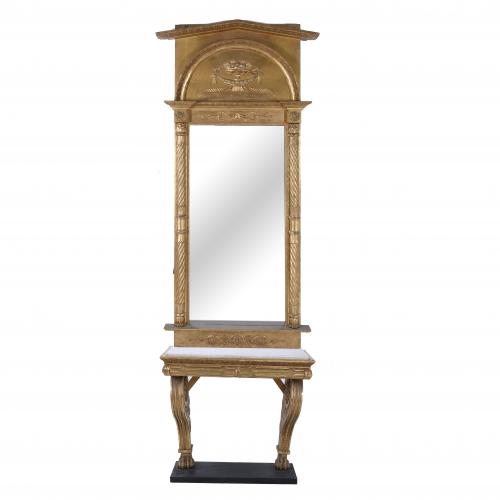 SPANISH FERDINAND-STYLE CONSOLE TABLE WITH EMPIRE-STYLE "TRUMEAU" MIRROR, 20TH CENTURY.