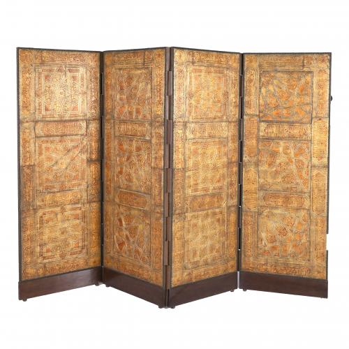 SPANISH CORDOVAN FOUR-LEAF FOLDING SCREEN, 19TH CENTURY.