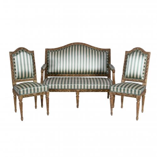 AFTER MODELS BY GEORGES JACOB (1739-1814). SET OF LOUIS XVI STYLE COUCH AND TWO ARMCHAIRS, 19TH CENTURY.